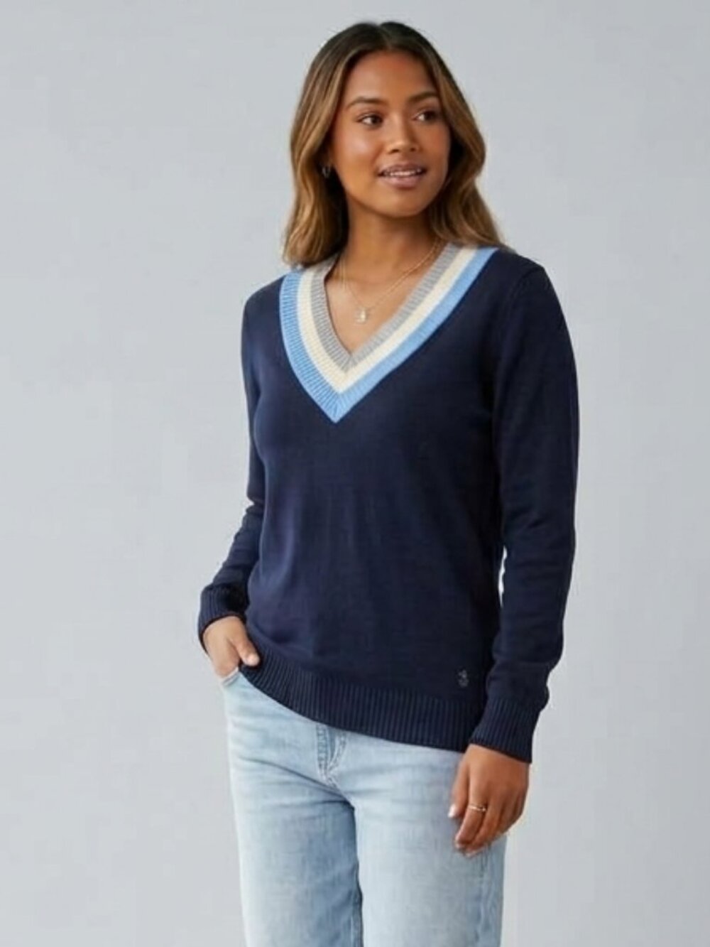 Classic Prep IZOD Navy Blue Cotton V-Neck Sweater Women's Size Large